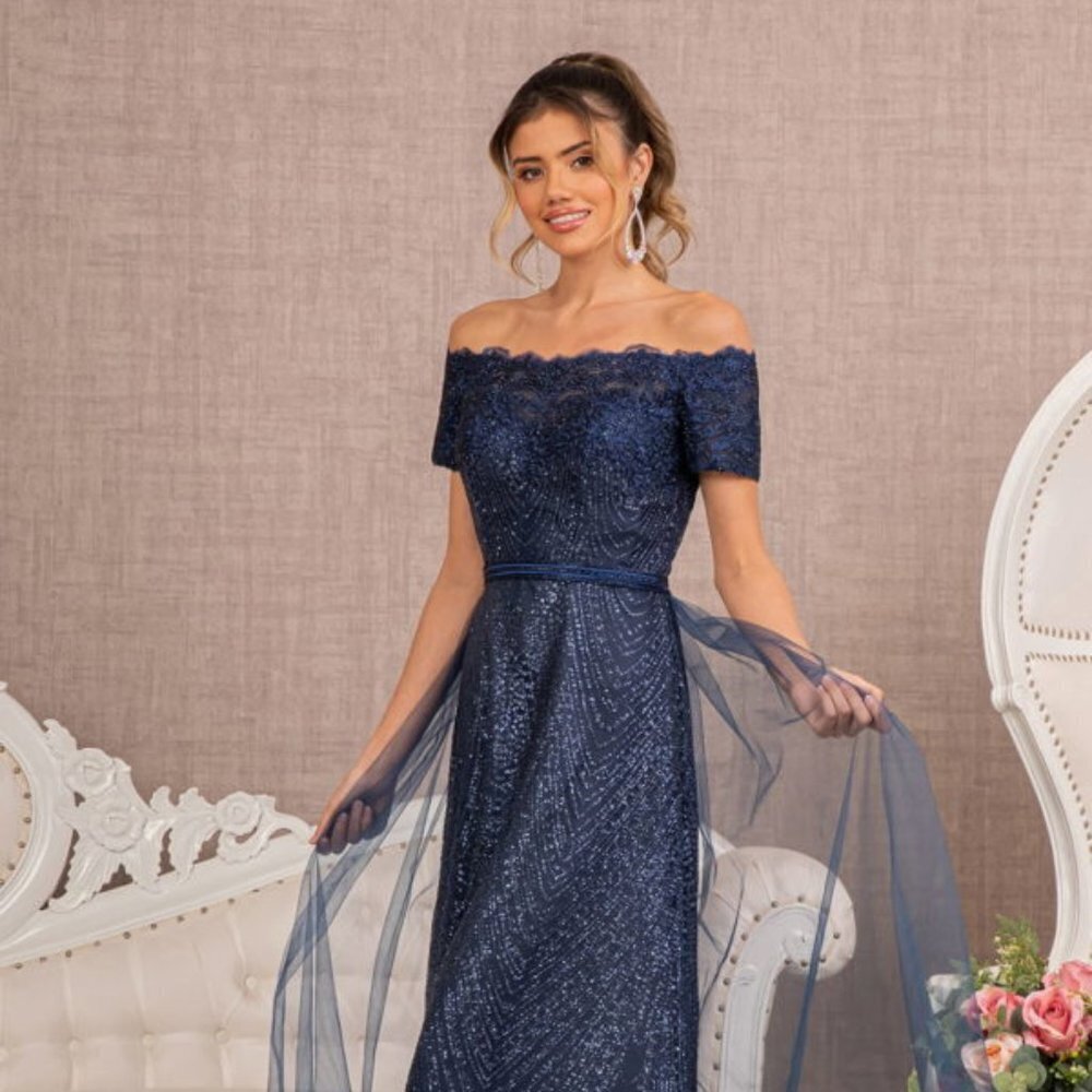 NEW LONG OFF THE SHOULDER EMBROIDERED GLITTER MESH DRESS WITH ZIPPER BACK GL2942